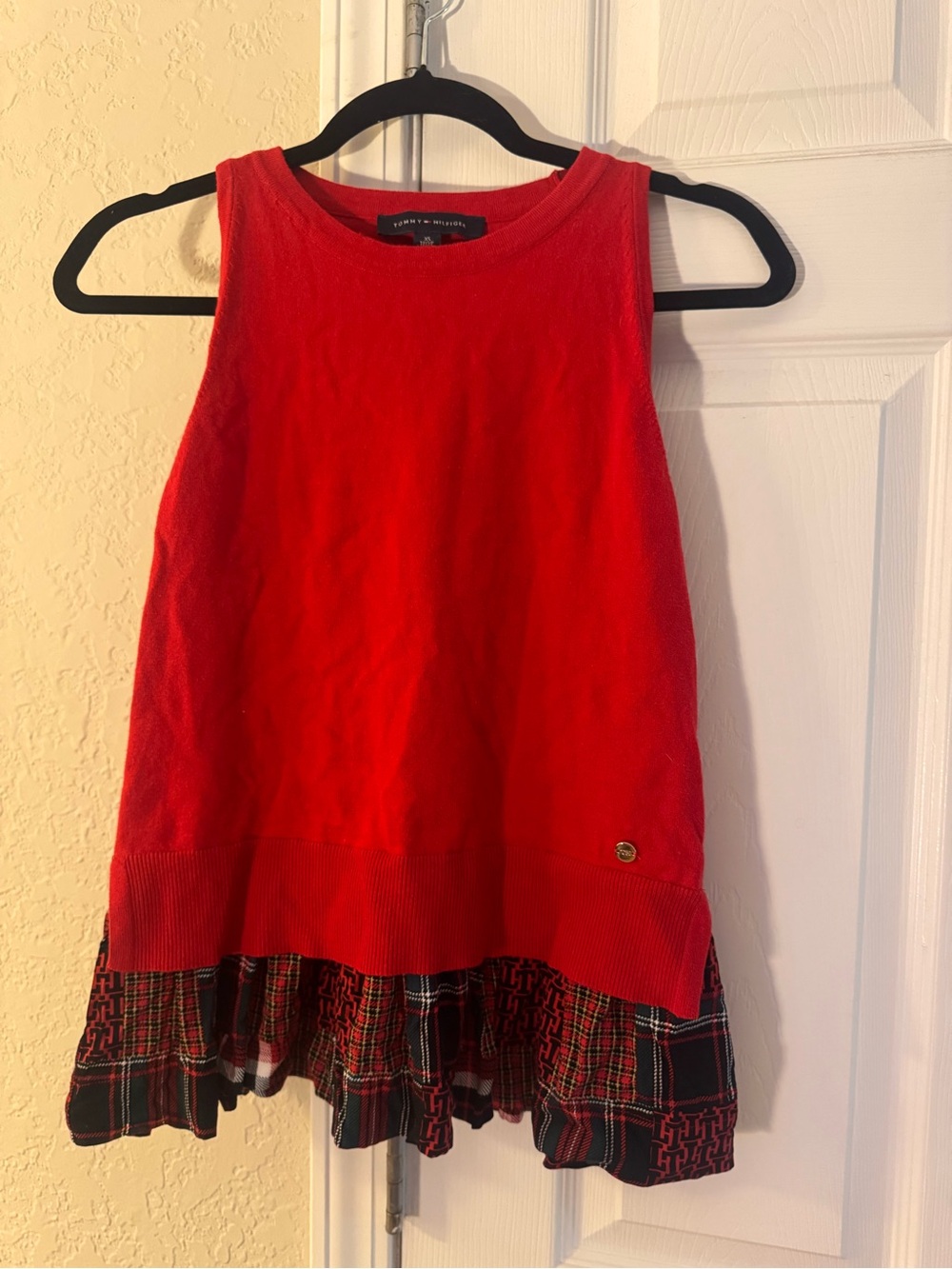 Tommy Hilfiger Sleeveless Knit Top with Plaid Ruffle Hem